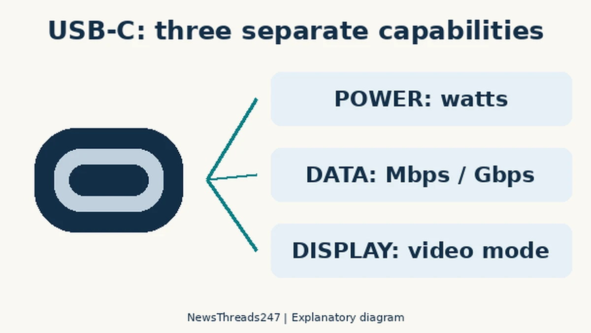 A USB-C connector diagram separates power in watts, data rate and display-mode support into three checks.