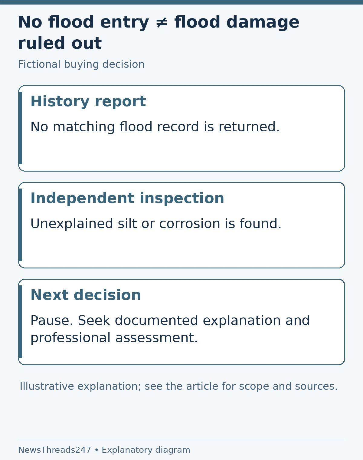 Fictional used-car example: a history report without a flood entry does not cancel unexplained physical inspection findings.