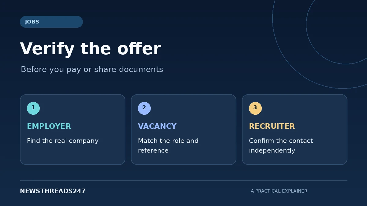 Job offer verification graphic: independently check the employer, vacancy and recruiter.